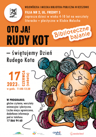 Grafika promujaca spotkanie dla dzieci I Biblioteczne bajanie I Rudy kot